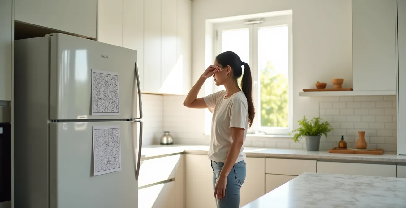 Person checking vision with Amsler grid pattern on refrigerator in bright kitchen