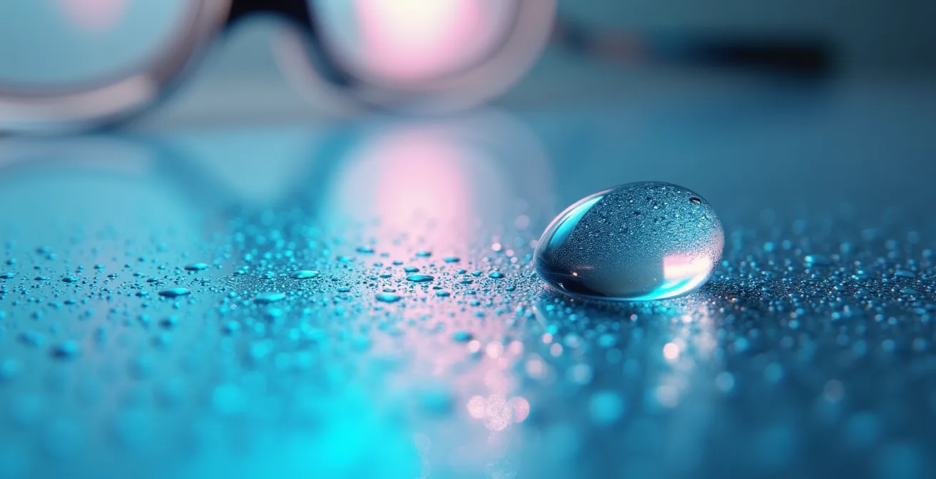 Detailed view of anti-fog coating being applied to safety goggles lens