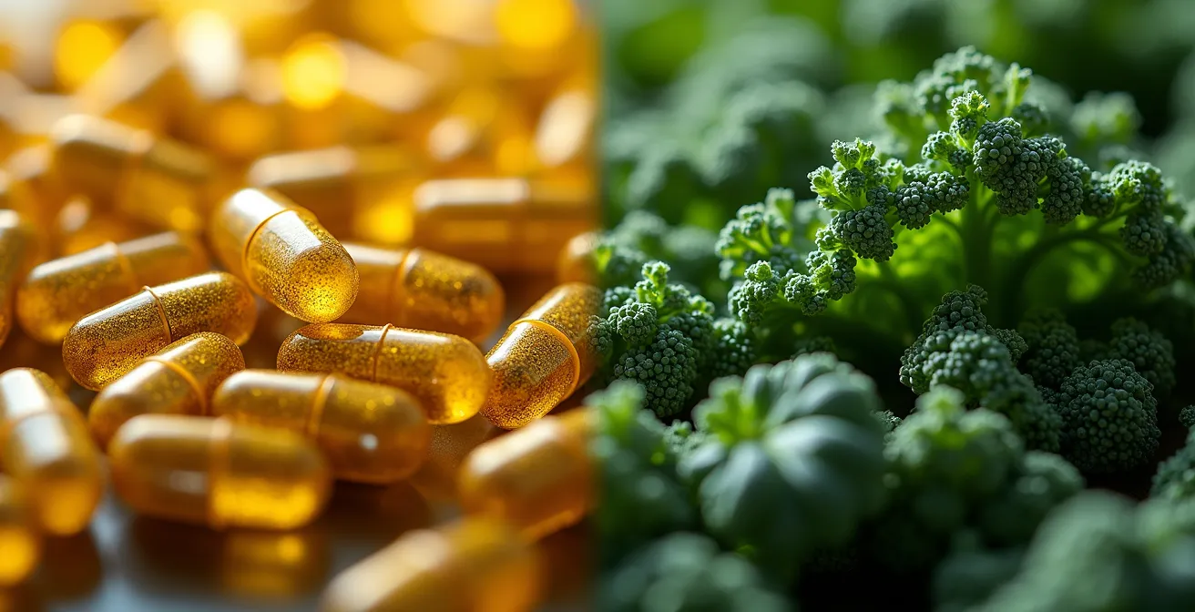 Macro photography comparing AREDS2 supplement capsules with fresh kale leaves