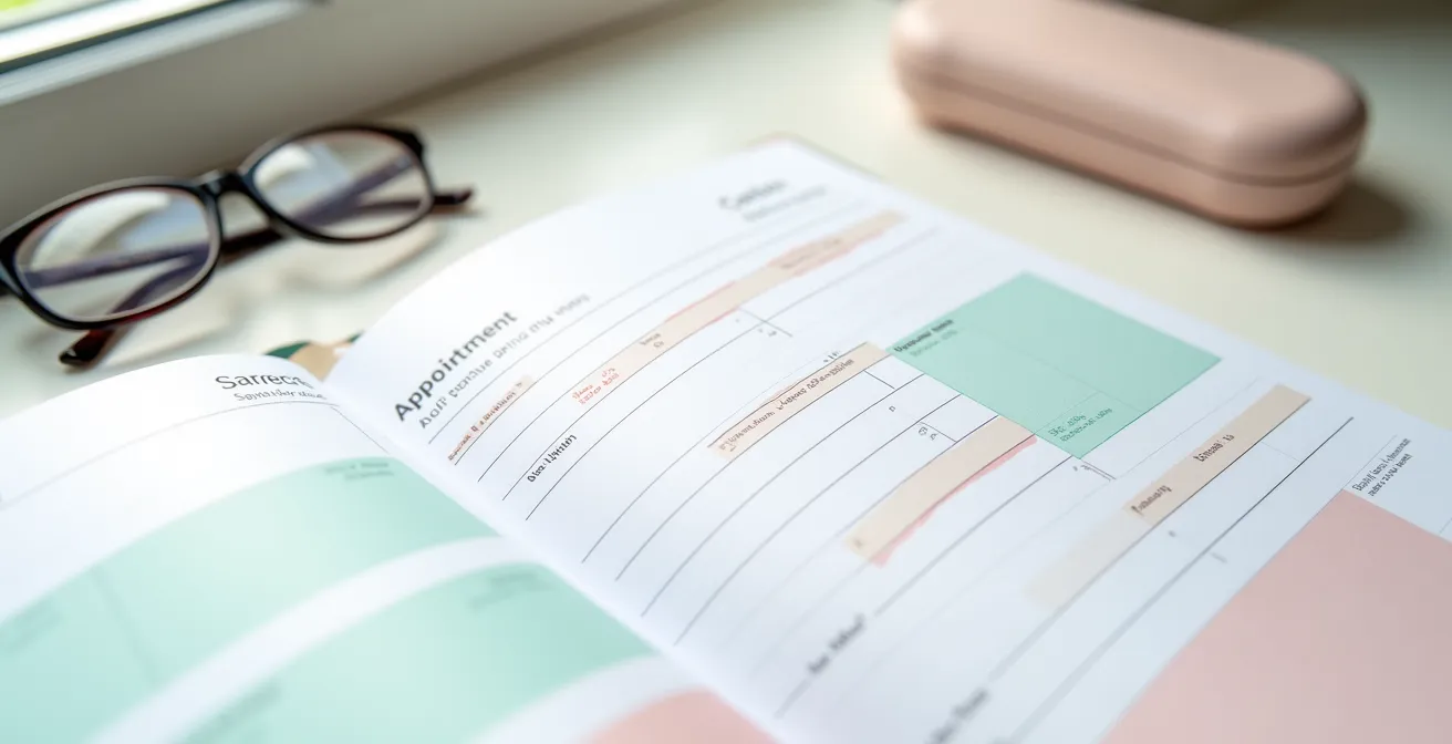 Professional planning calendar with marked appointment dates for eye care visits