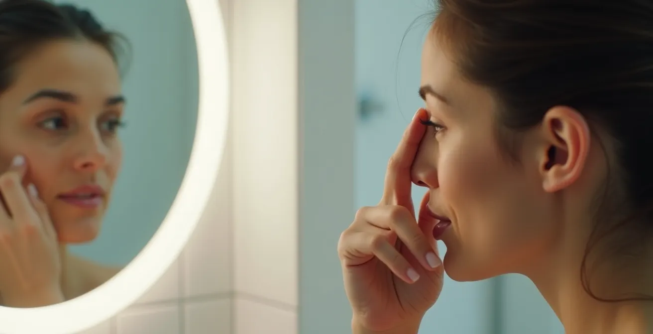 A person carefully examining the edge of their cornea in a well-lit mirror to check for signs of neovascularization.