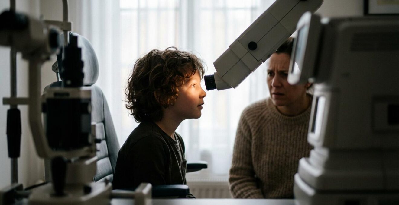 Close-up profile view of a young child getting an eye examination with a concerned parent in the background