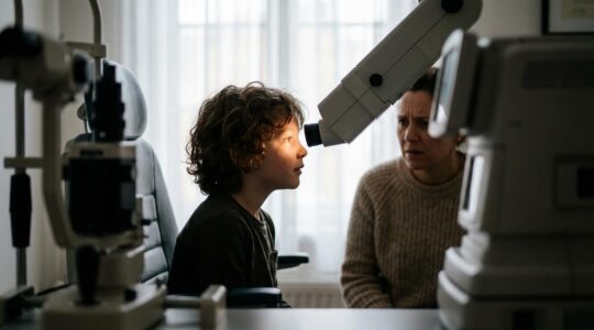 Close-up profile view of a young child getting an eye examination with a concerned parent in the background