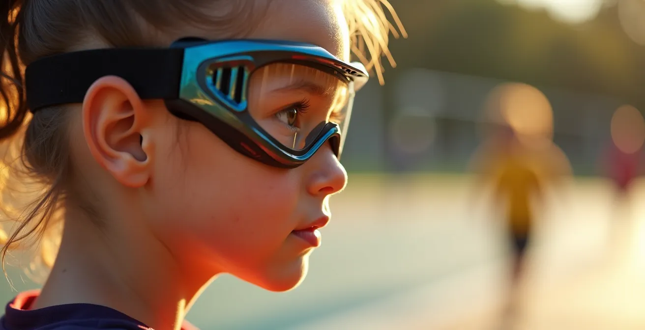 Child wearing properly fitted sports goggles showing ventilation and lightweight design