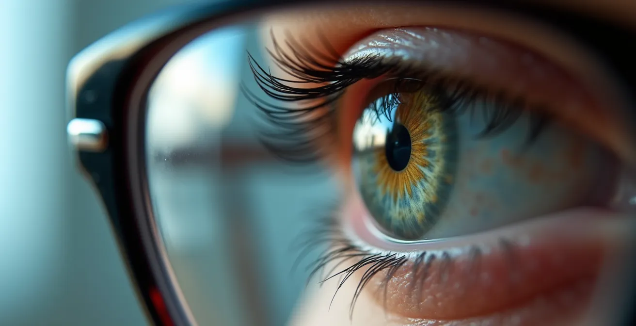 Macro shot of eye behind progressive lens showing focus zones