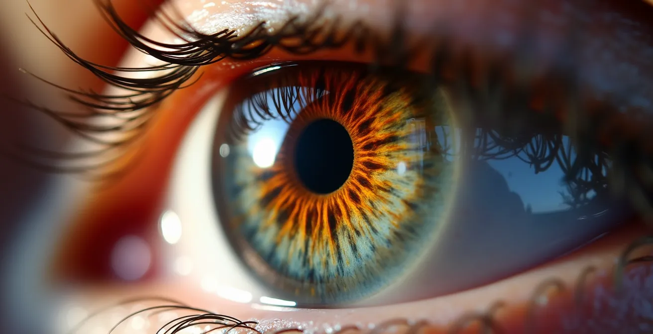 Close-up comparison showing visible red spot on eye surface versus internal retinal bleeding patterns