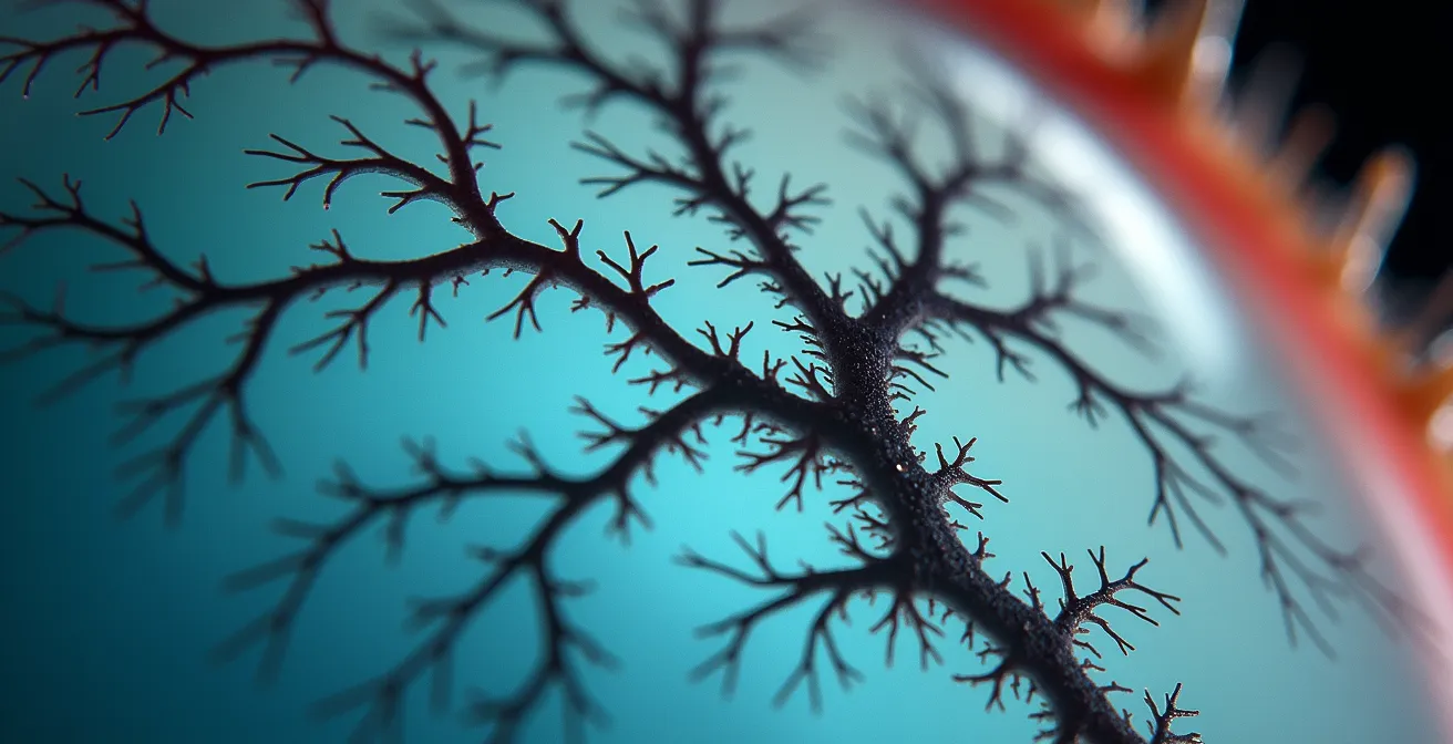 Microscopic view of corneal neovascularization showing abnormal blood vessel growth patterns