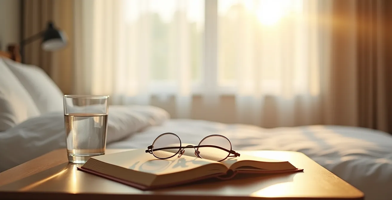 A serene bedroom scene with glasses resting on a bedside table, symbolizing a rest day from contact lenses.