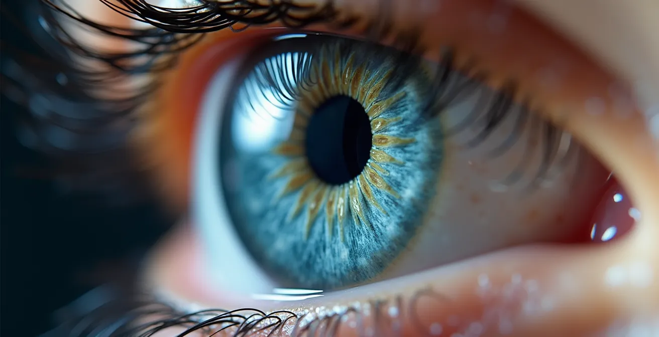 Extreme macro view of eye cornea showing oxygen molecule visualization