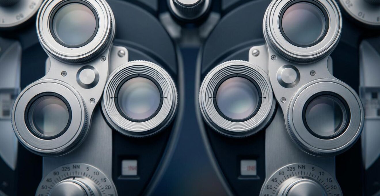 Macro shot of optical lens array showing precise mechanical adjustments