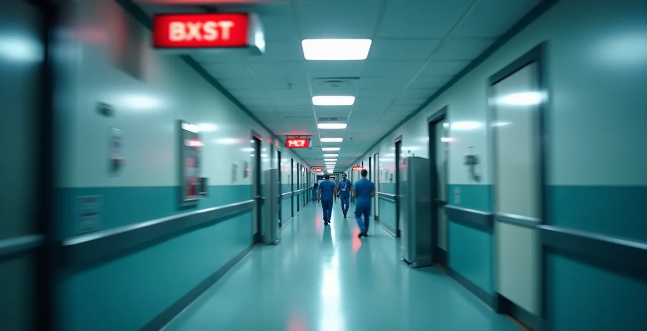 Hospital emergency department corridor with directional signs for urgent eye care