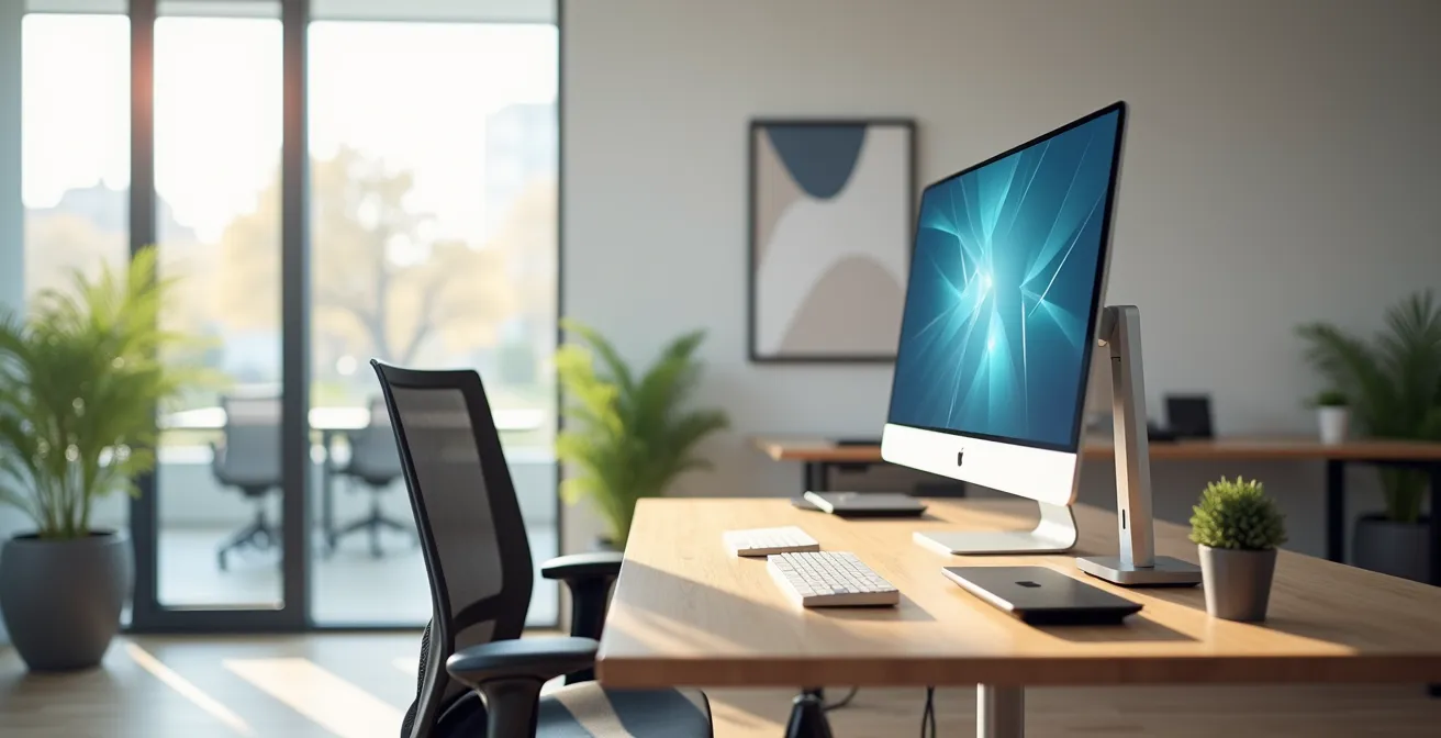 Proper ergonomic desk setup showing optimal monitor height and neck position for progressive lens users