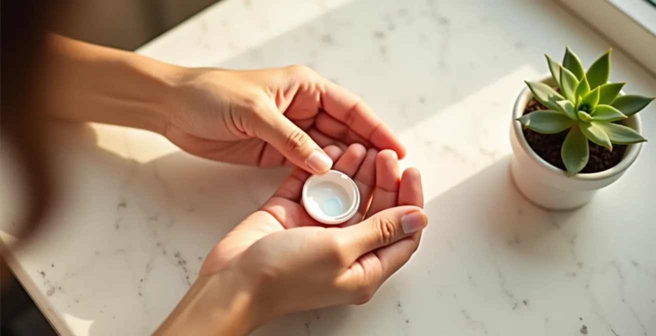 Close-up of hands cleanly removing a contact lens over a case in soft, peaceful evening light.