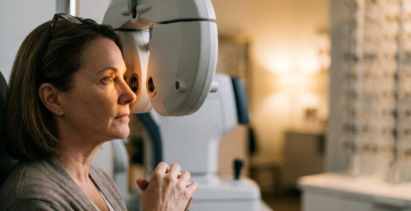 Close-up view of an eye examination showing modern ophthalmology equipment in soft focus