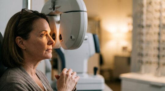 Close-up view of an eye examination showing modern ophthalmology equipment in soft focus
