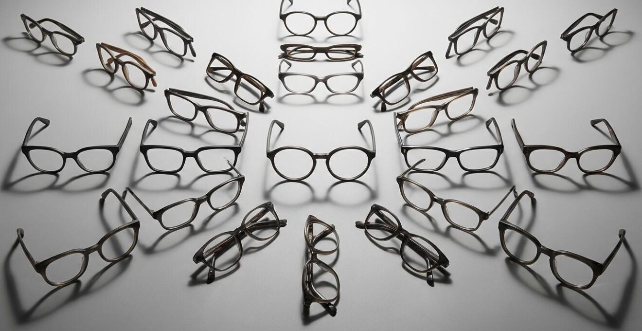 Arrangement of different eyeglass frame styles showing thickness variations