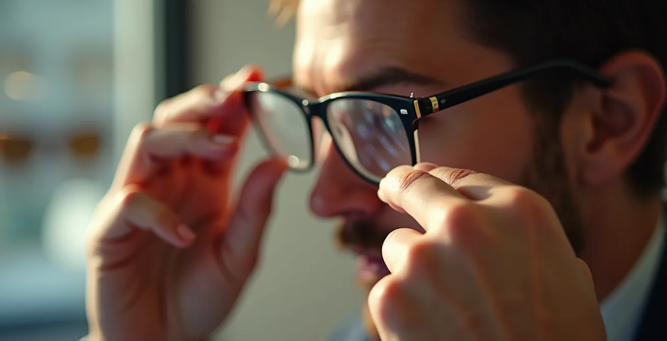 Professional optician adjusting metal temple arm at the bend point behind the ear