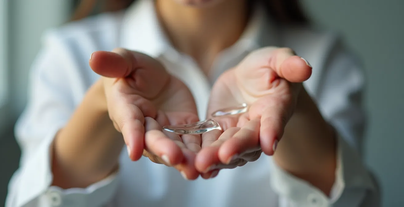 Demonstration of proper finger positioning for contact lens cleaning with solution pool