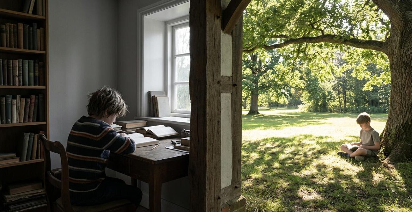 Split composition showing a child reading indoors versus outdoors with dramatic light difference