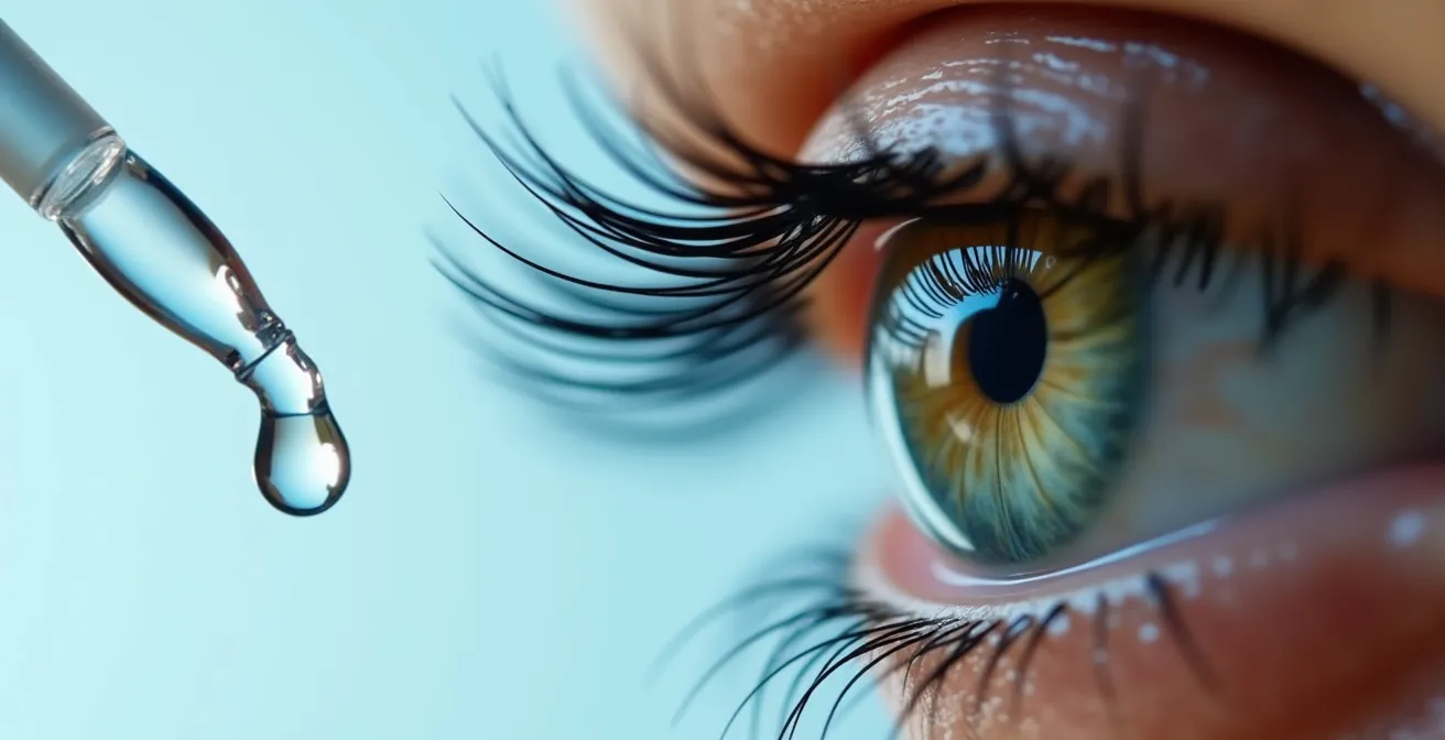 Extreme close-up of eye drop being properly administered into lower eyelid pocket
