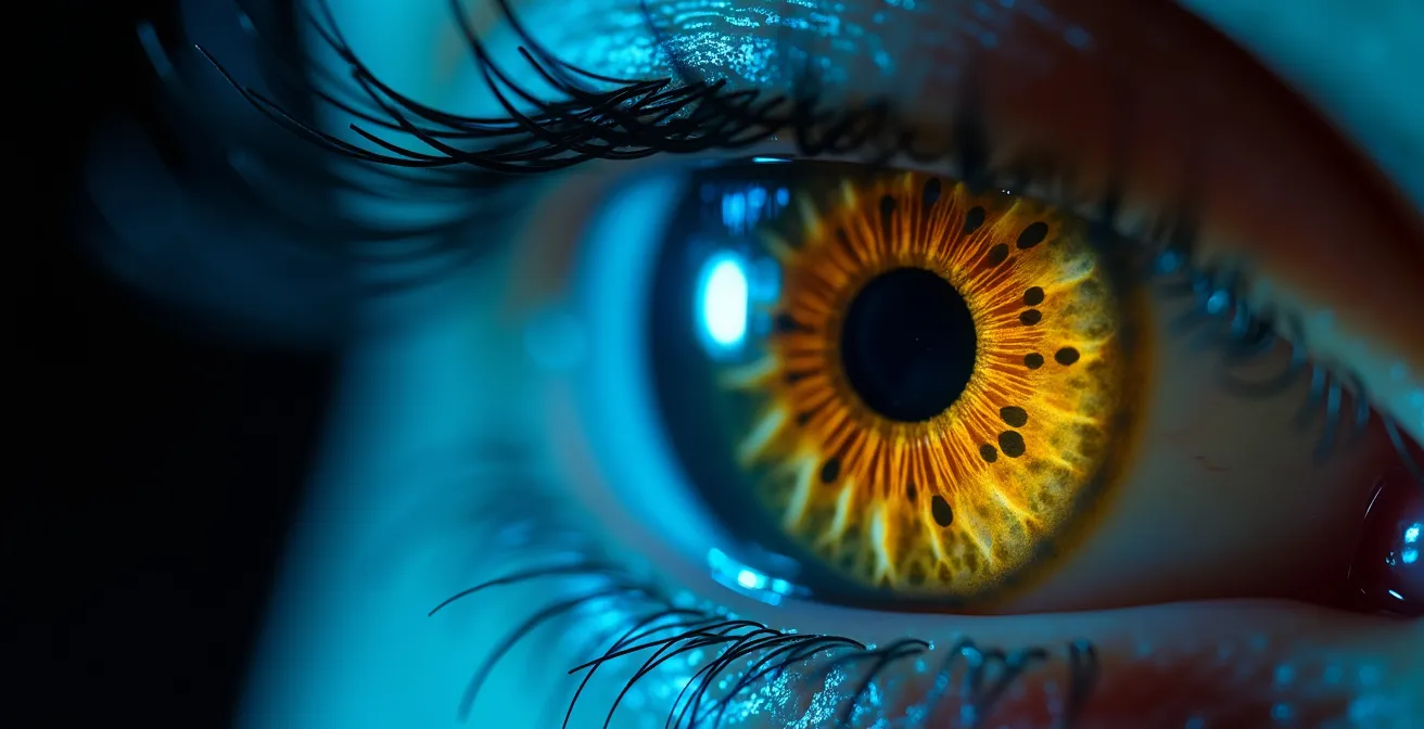Extreme close-up of eye examination with fluorescent dye under blue light