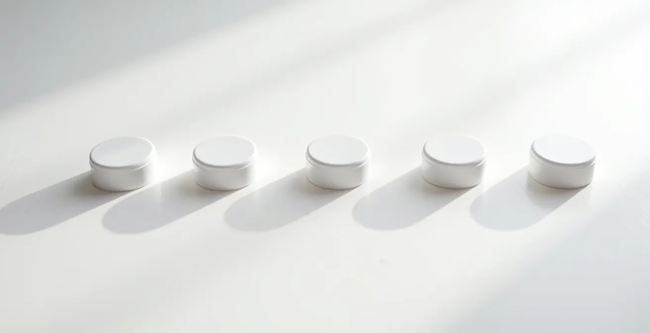 Wide shot showing contact lens cases arranged in monthly progression with subtle environmental changes