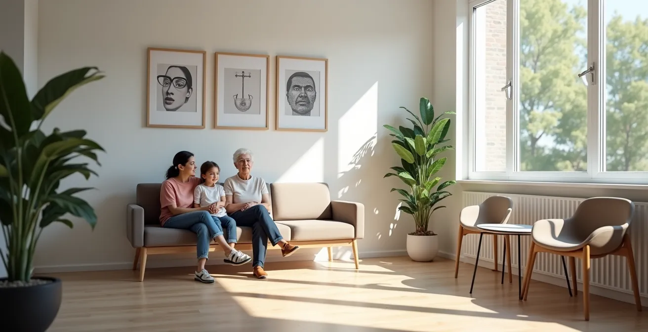 Three generations of a family at an eye clinic waiting room, emphasizing hereditary eye care