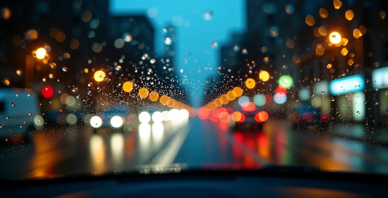 Driver's perspective at night showing light streaks from streetlights and car headlights