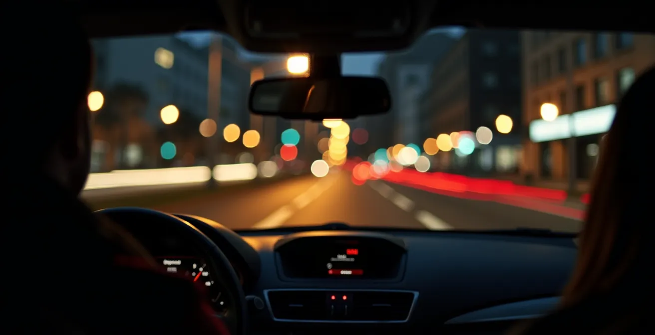 Driver's perspective showing night vision challenges with city lights