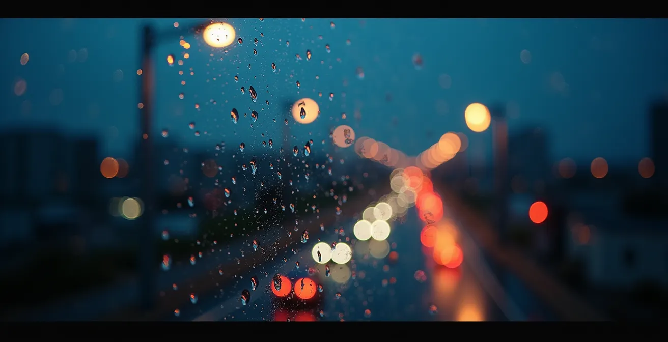 Nighttime cityscape showing visual representation of halos and glare effects after refractive surgery
