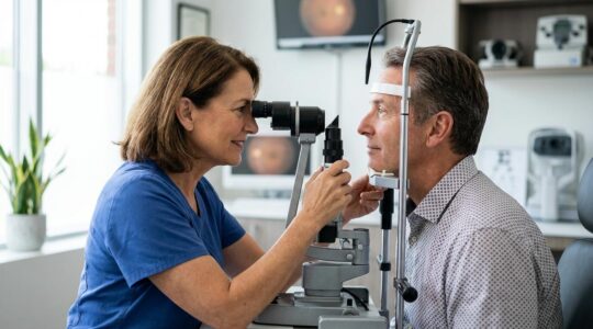Eye doctor examining patient's eye with specialized equipment