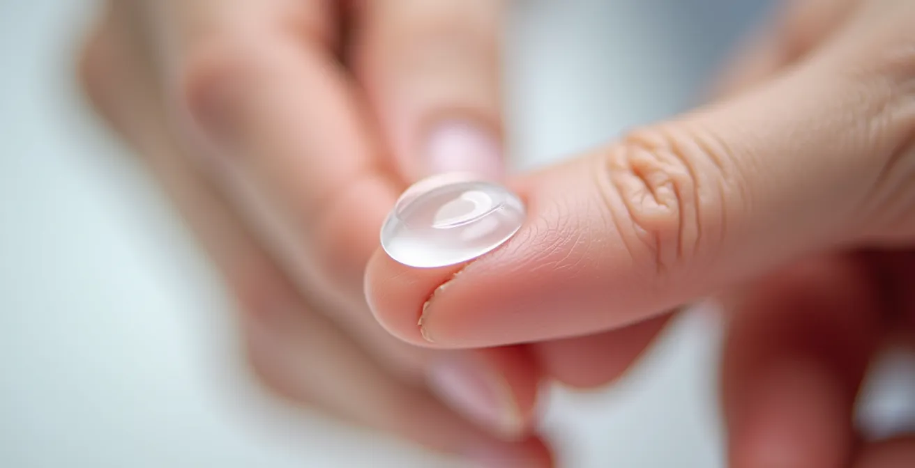 Extreme close-up of fingers gently rubbing a contact lens with cleaning solution