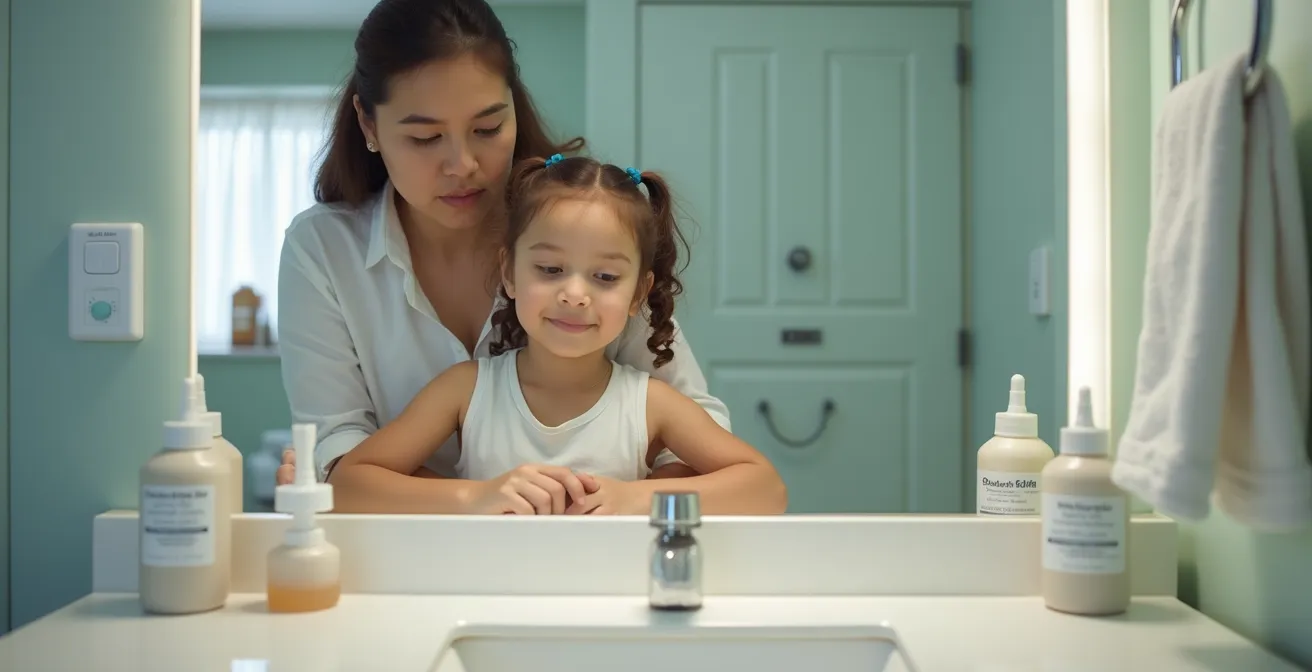 Parent helping child with contact lens insertion at bathroom mirror with specialized tools