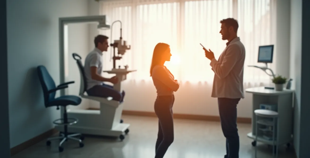 Patient and eye doctor reviewing glucose monitoring data charts together
