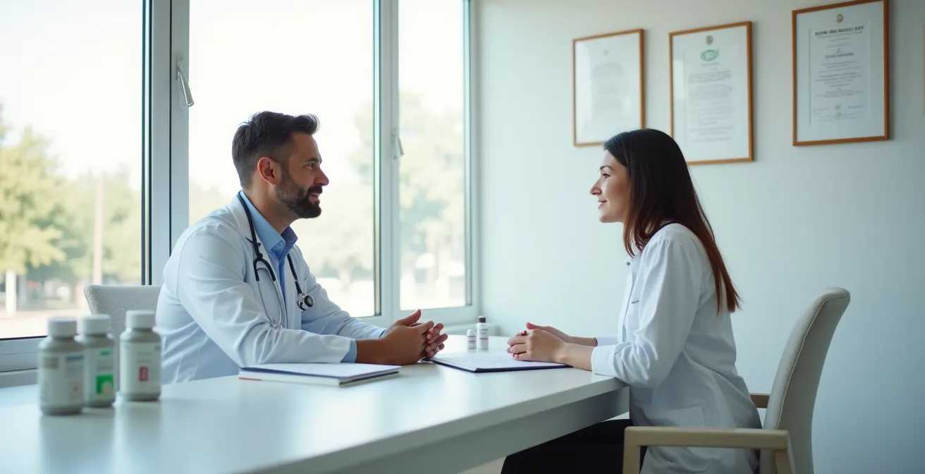Patient discussing medication list with eye doctor during consultation