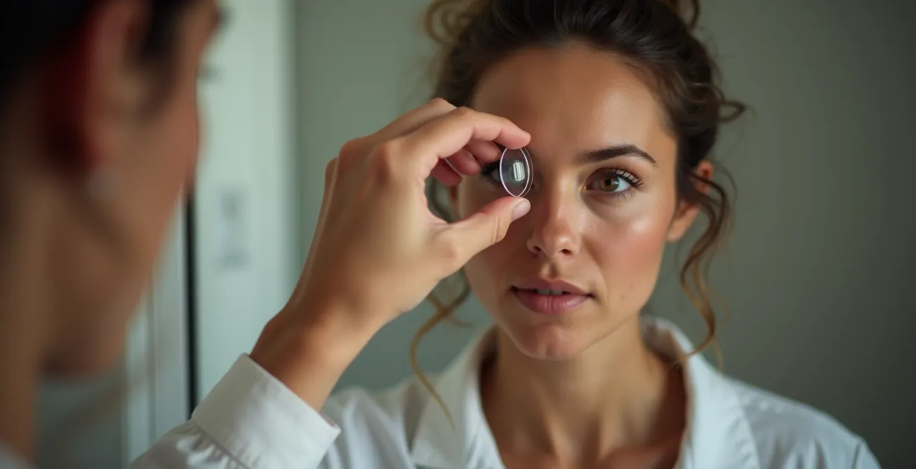 Person inserting an RGP contact lens at home with proper technique