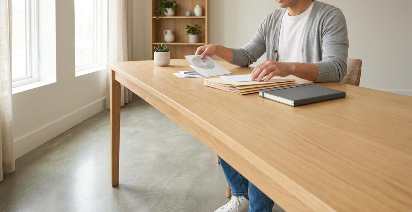 Patient carefully organizing medical documents and imaging files for specialist appointment