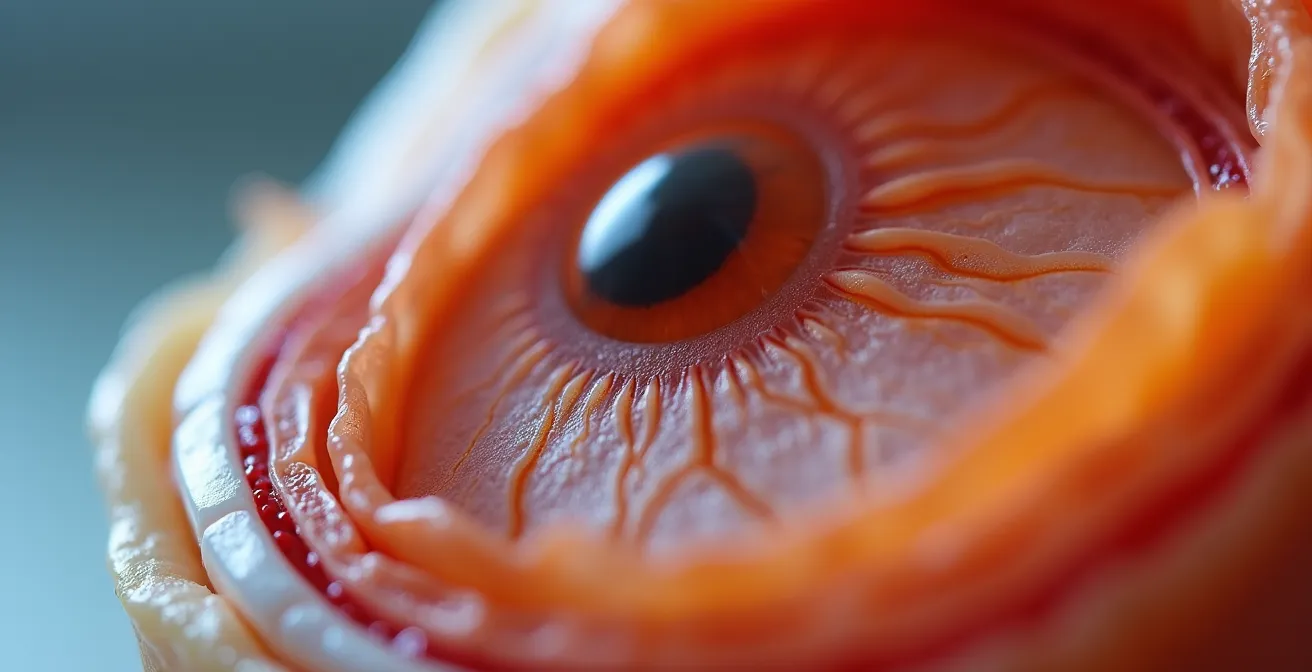 Cross-section visualization of eye showing peripheral retina vulnerability zones