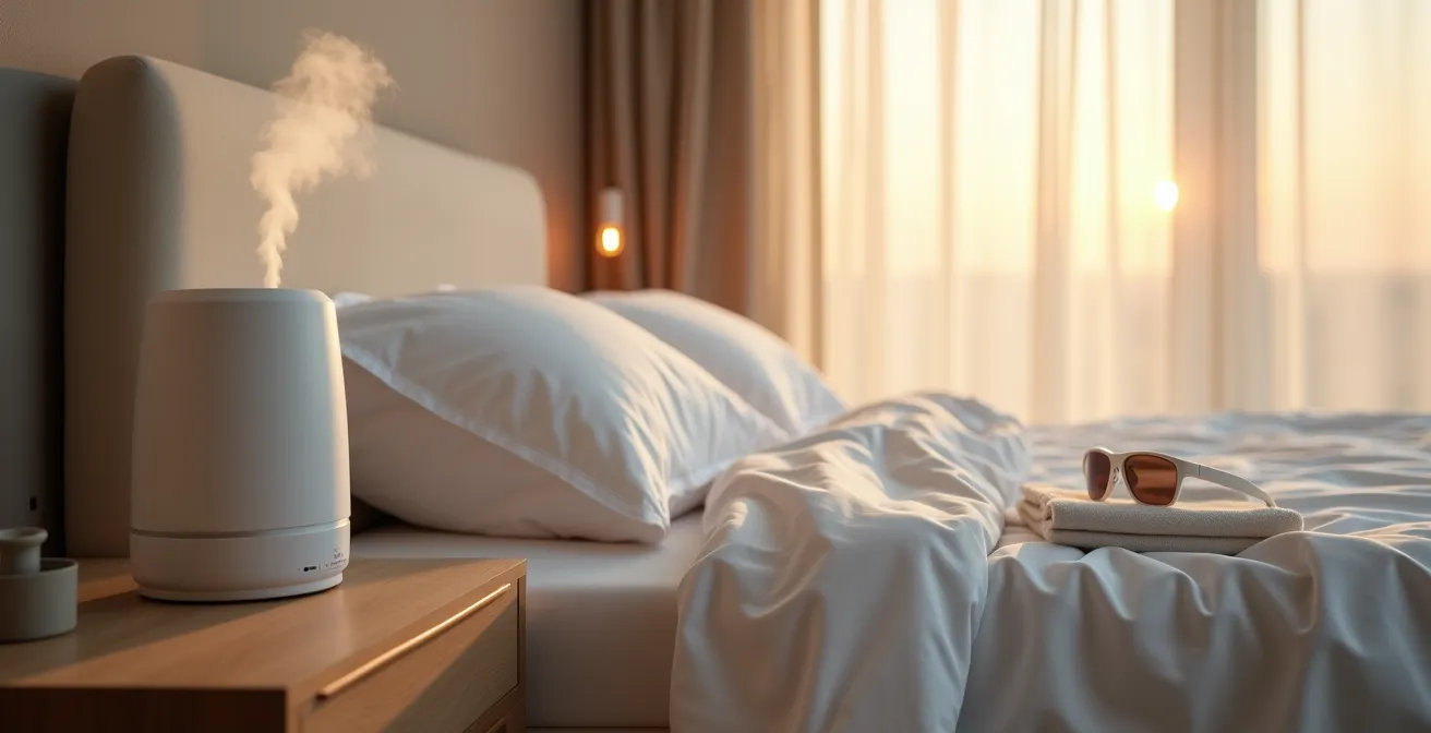 Peaceful bedroom environment optimized for LASIK recovery with protective shields and humidifier