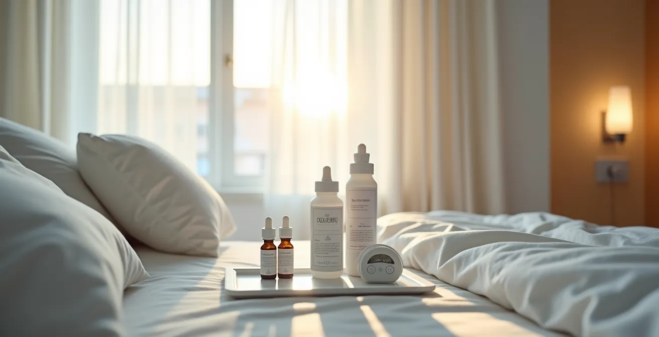 Well-organized bedside setup for post-cataract surgery recovery