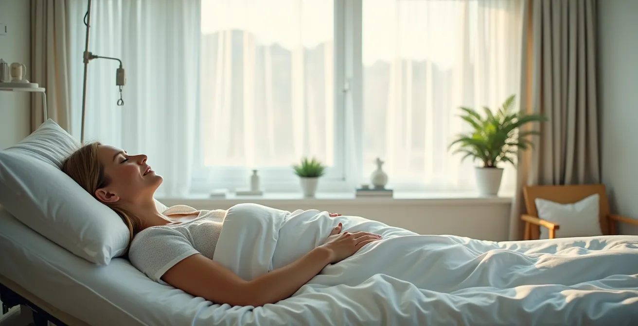 Wide angle view of a serene and comfortable recovery space featuring ergonomic positioning aids for post-operative care.