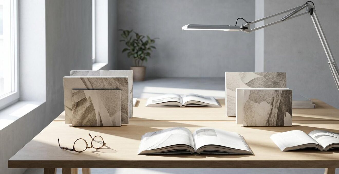 Environmental wide shot of an optimized reading workspace with adjustable lighting demonstrating presbyopia compensation techniques