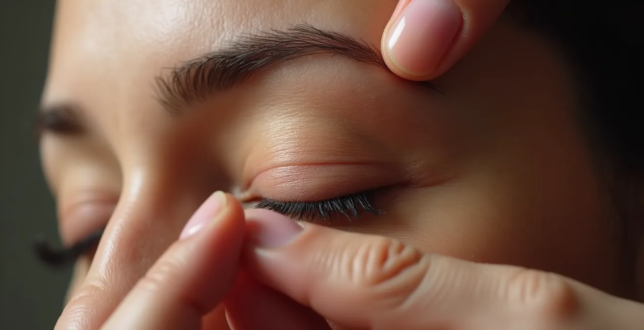 Close-up of hands performing temple massage for eye strain relief