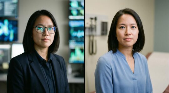 Eye care professional conducting vision test with modern equipment in clinical setting