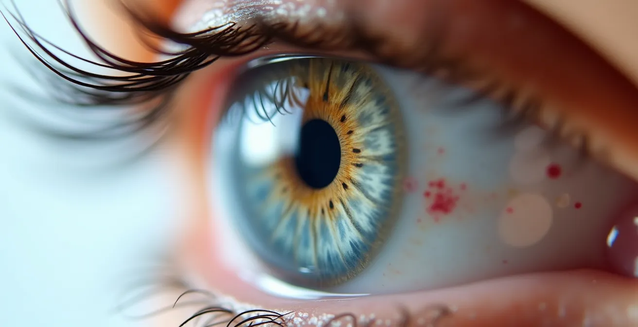 Medical examination showing red ring pattern around iris from steep contact lens fit