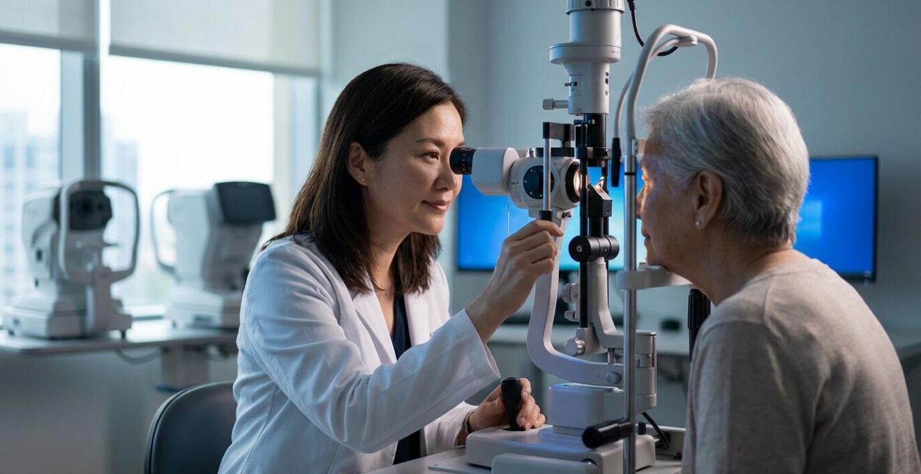 Retina specialist performing detailed eye examination on patient