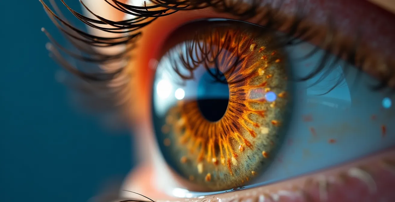Close-up macro view of retinal examination showing intricate blood vessel patterns