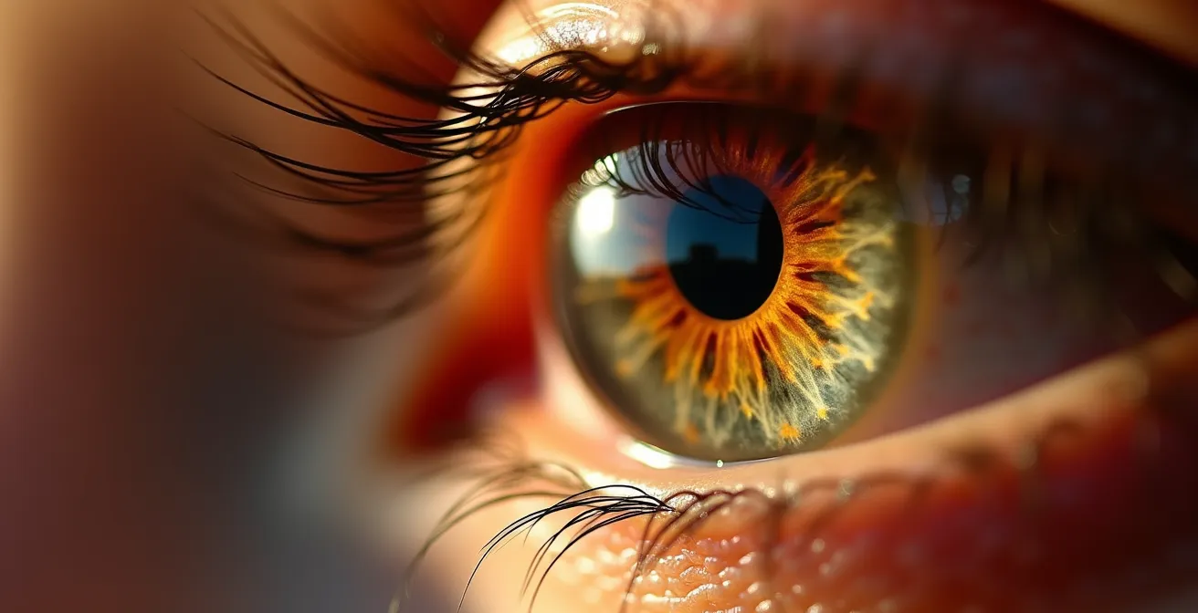 Macro view of retinal blood vessels showing cholesterol deposits visible during eye examination