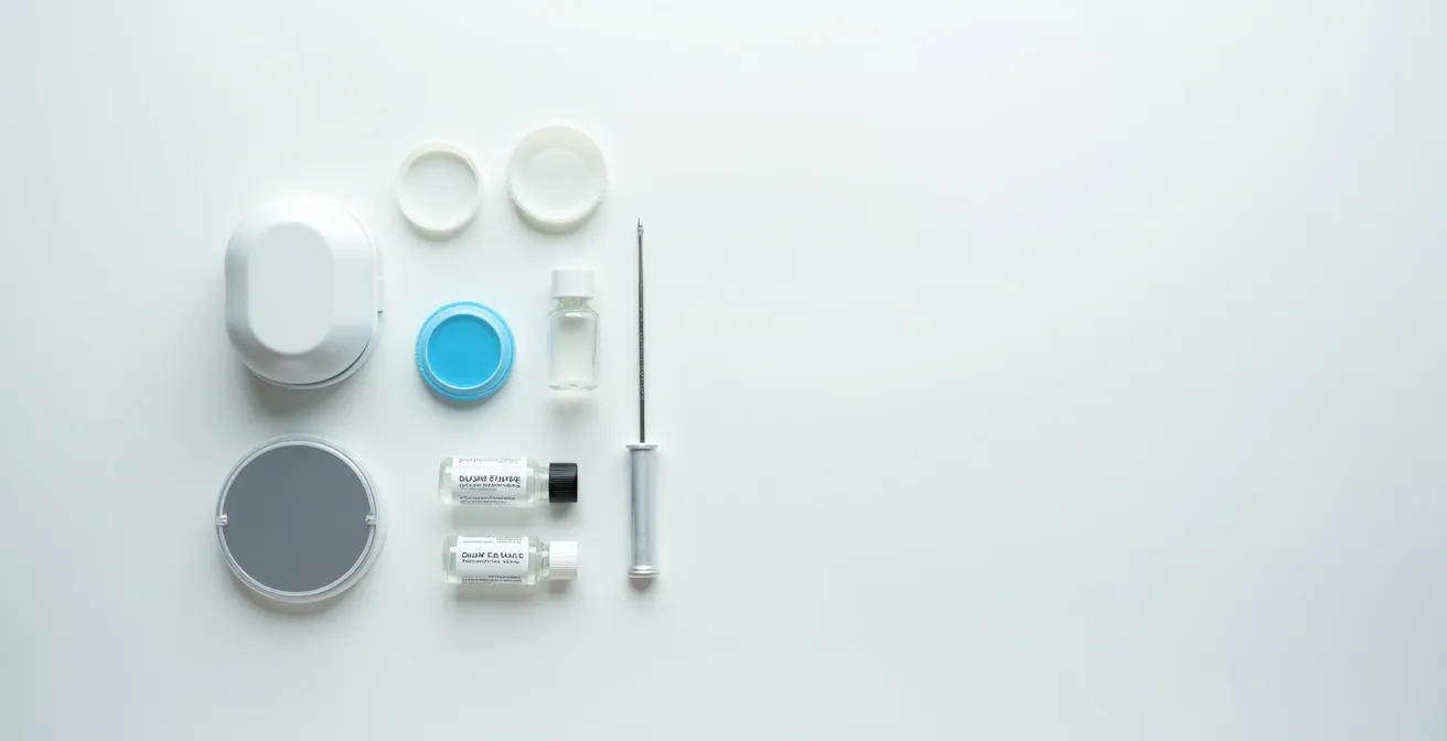 Essential RGP lens emergency kit with travel case and cleaning supplies