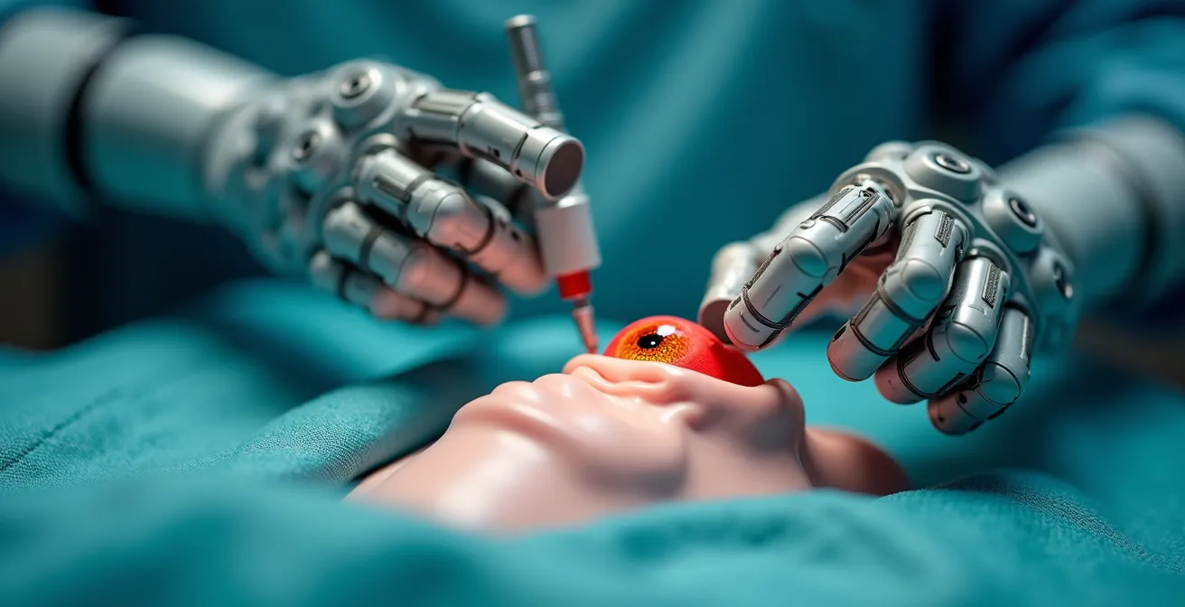 Extreme close-up of robotic surgical instruments performing delicate retinal procedure